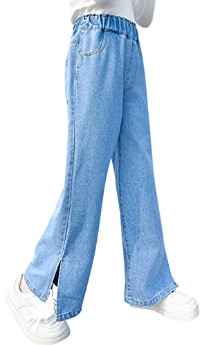 Happy Cherry Mädchen Jeanshosen mit Weitem Bein Elastische Taille Baumwoll Denim Hose Casual Baggy Schlaghose Gerade Bootcut Jeans Hosen 140 von Happy Cherry