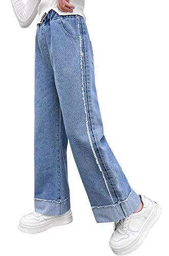 Happy Cherry Mädchen Jeanshosen mit Weitem Bein Elastische Taille Baumwoll Denim Hose Casual Baggy Schlaghose Gerade Bootcut Jeans Hosen 160 von Happy Cherry