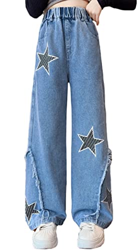 Happy Cherry Mädchen Jeanshosen mit Weitem Bein Elastische Taille Baumwoll Denim Hose Kinder Casual Schlaghose Baggy Gerade Bootcut Jeans Hose 160 von Happy Cherry