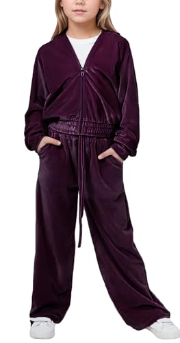 Happy Cherry Mädchen Jogginganzug Kinder Casual Trainingsanzug Velour Kapuzenpullover und Jogginghosen Zweiteiler Outfit für Winter Frühjahr Outdoor-Sport 146 CM von Happy Cherry