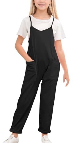 Happy Cherry Mädchen Jumpsuits Weites Bein Hosen Loose Fit Ausgeschnittener Rücken Overall Sommer Casual Strampler 150 CM von Happy Cherry