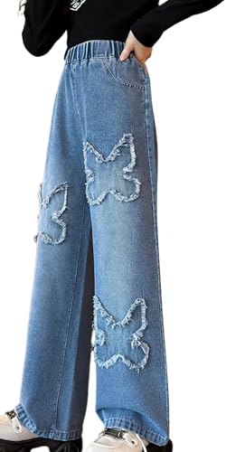 Happy Cherry Mädchen Kinder Jeans Weites Bein Hosen Denim Hosen Hohe Taille Hose Elastische Mode Casual Outdoor Streetwear 11-12Jahre von Happy Cherry