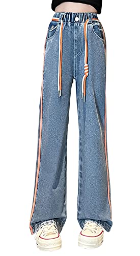 Happy Cherry Mädchen Kinder Jeans Weites Bein Hosen Denim Hosen Hohe Taille Hose Elastische Mode Outdoor Casual Wear 6-7Jahre von Happy Cherry