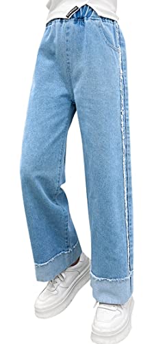 Happy Cherry Mädchen Kinder Weich Jeanshosen Weitem Bein Gerade Denimhosen Straight Bootcut Jeans mit Schlag Baggy Hip Hop Jeans Y2K Style Streetwear Hosen 130 von Happy Cherry