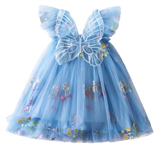 Happy Cherry Mädchen Kleid Schmetterling Floral Ärmelloses Stickerei Kleid Baumwolle Sommerkleid Tüll Prinzessin Kleider Partykleid 120/4-5 Jahre Blau von Happy Cherry