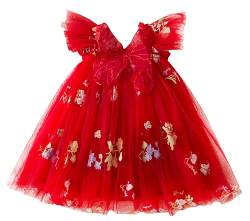 Happy Cherry Mädchen Kleid Schmetterling Floral Ärmelloses Stickerei Kleid Baumwolle Sommerkleid Tüll Prinzessin Kleider Partykleid 120/4-5 Jahre Rot von Happy Cherry