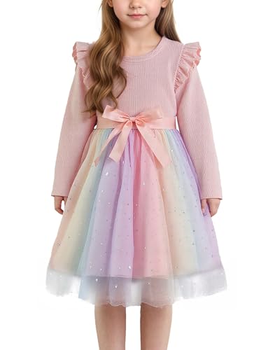 Happy Cherry Mädchen Kleider ELSA Kleid Langarm Prinzessin Party Festlich Tüllkleid Kinderkleid für Geburtstag Hochzeit 120 cm von Happy Cherry