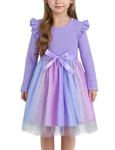 Happy Cherry Mädchen Kleider Kleinkind Langarm Tüllkleid ELSA Prinzessinenkleid Regenbogen Festlicheskleid Kinder Geburtstag Hochzeit Partykleid 130 cm von Happy Cherry