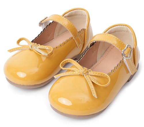 Happy Cherry Mädchen Kleiderschuhe Mary Jane Halbschuhe Flache Schulschuhe Ballerinas Flache Party Kommunionschuhe mit Schleife Gelb für Alltag, 28 EU von Happy Cherry
