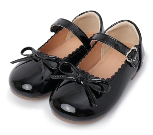 Happy Cherry Mädchen Kleiderschuhe Mary Jane Halbschuhe Flache Schulschuhe Ballerinas Flache Party Kommunionschuhe mit Schleife Schwarz für Alltag, 22 EU von Happy Cherry