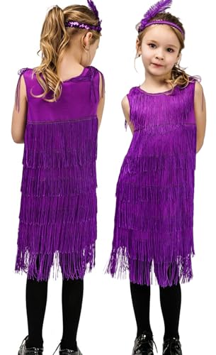 Happy Cherry Mädchen Latein Tanz Kleid Glitzer Fransenkleid Kinder Quaste Tanzkleid Samba Tango Rumba Cha Cha Tanzbekleidung mit Feder Stirnband 4-6 Jahre von Happy Cherry