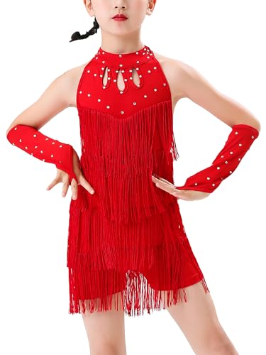 Happy Cherry Mädchen Latein Tanzkleid Fransen Salsa Tanzkostüm Ärmellos Rumba Tango Samba Quaste Tanzbekleidung 7-8 Jahre Rot von Happy Cherry
