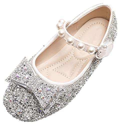 Happy Cherry- Mädchen Mary Jane Halbschuhe Prinzessin Strasssteine Flache Schuhe Elegante Party Hochzeit Schleife Kinderschuhe Tanzschuhe Weicher Boden mit Klett rutschfest Runde Zehe Sandalen von Happy Cherry