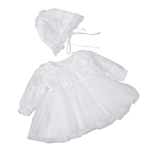 Happy Cherry Mädchen Prinzessin Baby Taufkleid Festlich Kleid Blumenmädchenkleid Mütze Hochzeit Partykleid-Langarm Weiß-3-6 Monate von Happy Cherry