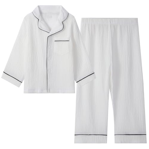 Happy Cherry Mädchen Revers Kragen Schlafanzug mit Tasche 2 Teile Weiches Gaze Loses Pyjama Set Langarm Baumwolle Casual Bequeme Freizeit Anzug Weiß 160 von Happy Cherry