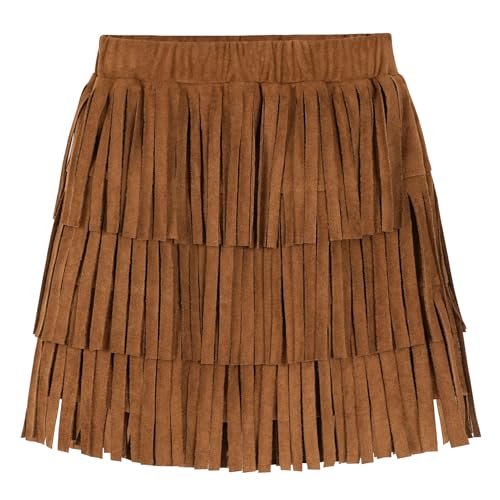 Happy Cherry - Mädchen Rock Mini Faux Wildleder mit Quasten Kinder Kurzer Röcke Western Vintage-Stil Elastische Taille Kleinkind Minirock Fransen für Karneval Schule Party - 5-6 Jahre - Braun von Happy Cherry