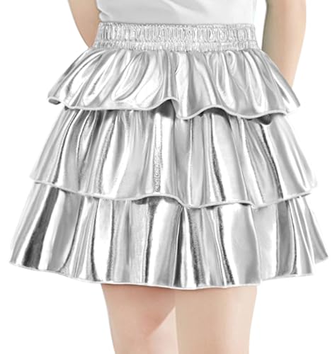 Happy Cherry Mädchen Röcke Glänzend Metallisch Minirock Kinder Prinzessin Faltenrock 3 Schichtige Rüsche Kuchen Rock Athletisch Roller Tanz Skorts 8-10 Jahre von Happy Cherry