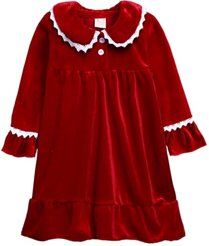 Happy Cherry Mädchen Samt Kleid Langarm Kinder Weihnachtskleid Rot Einfarbig Winterkleid Herbst Winter Festlicheskleid A-Linie Freizeit Kleider 130 von Happy Cherry