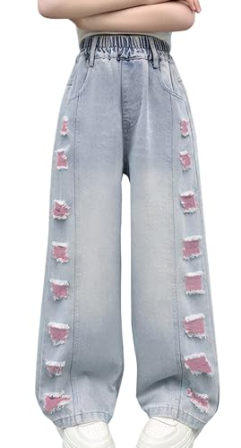 Happy Cherry Mädchen Schlupfjeans Kinder Baggy Jeanshose Y2K High Waist Straight Vintage Denim Hose Hip Hop Locker Freizeithose Streetwear 8-9 Jahre von Happy Cherry