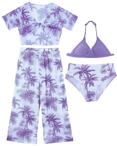 Happy Cherry Mädchen Schwimmen Kostüm 4 Stück Badeanzug Bikini Set Bademode mit Cover Up für Kinder Sommer Strand Aquarti 12 Jahre Lila von Happy Cherry