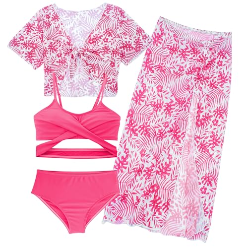 Happy Cherry Mädchen Schwimmen Kostüm 4 Stück Badeanzug Bikini Set Bademode mit Cover Up für Kinder Sommer Strand Aquarti 12 Jahre von Happy Cherry