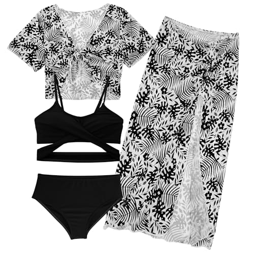 Happy Cherry Mädchen Schwimmen Kostüm 4 Stück Badeanzug Bikini Set Bademode mit Cover Up für Kinder Sommer Strand Aquarti 12 Jahre von Happy Cherry