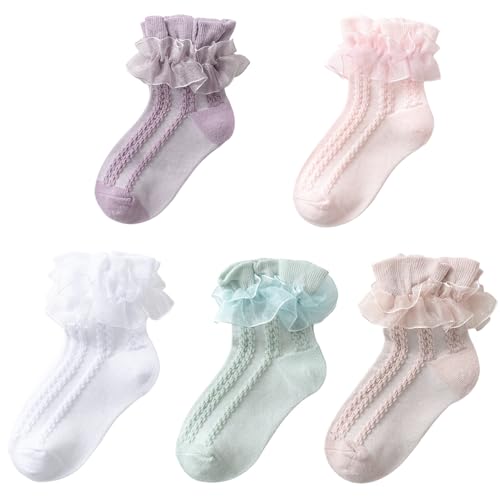 Happy Cherry Mädchen Socken 5 Paar Rüschen Socken Prinzessin Spitze Socken Baumwolle Schule Knöchel Socken für Mädchen Ruffle Kleid Socken 4-6 Jahre von Happy Cherry