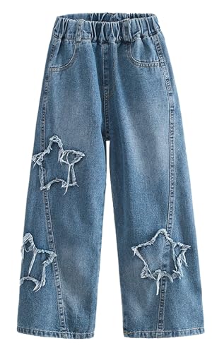 Happy Cherry Mädchen Star Jeans Hohe Taille Baggy Denim Hose Weites Bein Gerade Freizeithose Weich Lang Jean Streetwear 160cm/12-13 Jahre von Happy Cherry