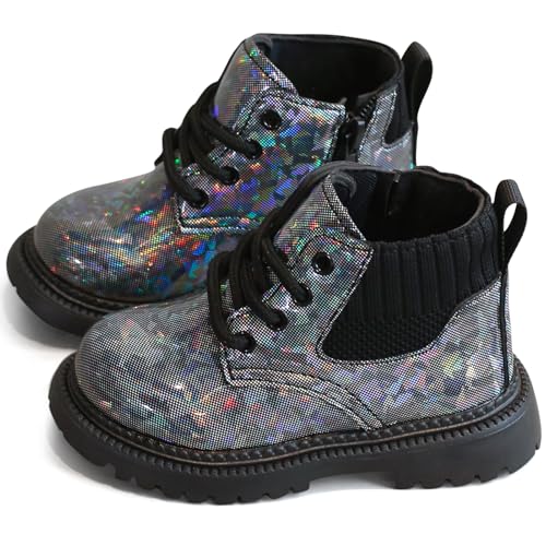 Happy Cherry Mädchen Stiefeletten Jungen Glänzende Lederschuhe Unisexe Kinder Kurzstiefeletten mit Reißverschluss Wasserdichte Casual Schneestiefel Winterschuhe für Kleinkinder Schwarz 26 von Happy Cherry
