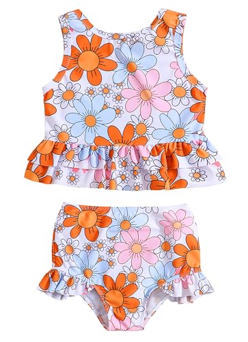 Happy Cherry - Mädchen Tankini Set 2er mit Ärmellose Oberteile Brief Sommer 2 Pieces Badeanzüge Kinder Blumendrucke Bademode Schwimmanzug für Schwimmen Strand Surfen - 5-6 Jahre - Orange von Happy Cherry