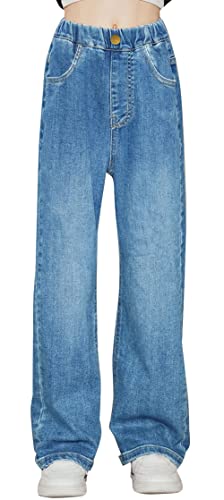 Happy Cherry Mädchen Weich Denimhosen Baumwolle Straight Jeans Kinder Elastische Taille Jeanshosen Casual Weitem Bein Hosen Baggy Schlagjeans 120 von Happy Cherry