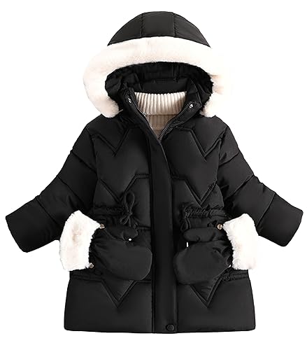 Happy Cherry Mädchen Winter Jacke Lange Steppjacke Winddicht Fleecefutter Verdickte Parka Mantel Hersteller 120/DE Größe 116-122-A-Schwarz von Happy Cherry