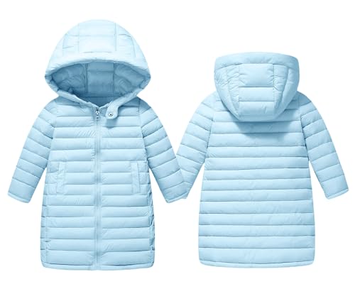 Happy Cherry Mädchen Winterjacke mit Kapuze Kinder Wintermantel Kälteschutz Warm Leicht Daunenjacke Teenager Lange Winddicht Parka Puffermantel Hellblau 150 von Happy Cherry
