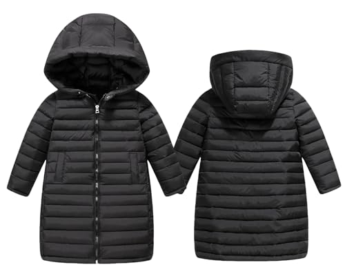 Happy Cherry Mädchen Winterjacke mit Kapuze Kinder Wintermantel Kälteschutz Warm Leicht Daunenjacke Teenager Lange Winddicht Parka Puffermantel Schwarz 120 von Happy Cherry