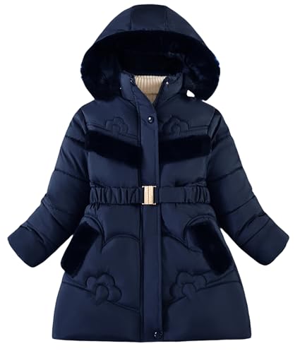 Happy Cherry Mädchen Wintermantel mit Taille Gürtel und Taschen Mitte Lange Warme Jacke mit Kapuze Marineblau 8-9 Jahre von Happy Cherry