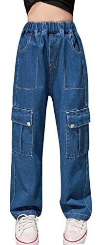 Happy Cherry Mädchen Y2K Jeanshosen mit Weitem Bein Elastische Taille Baumwoll Denim Hose Casual Baggy Schlaghose Gerade Cargo Jeans Hosen 170 von Happy Cherry