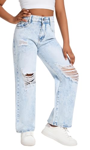 Happy Cherry Mädchen Zerrissen Jeanshosen Hohe Taille Weiter Beinschnitt Jeans Kinder Casual Wash Denim Hosen Loose Hellblau Jeans Hose 130 von Happy Cherry