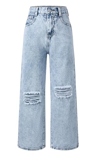 Happy Cherry Mädchen Zerrissen Jeanshosen Mittlere Taille Weiter Beinschnitt Jeans Casual Denim Hosen Kinder Baggy Blau Jeans Hose 150 von Happy Cherry