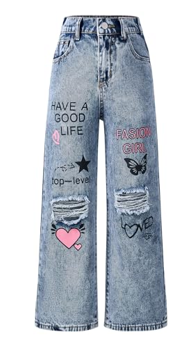 Happy Cherry Mädchen Zerrissen Jeanshosen Mittlere Taille Weiter Beinschnitt Jeans Casual Denim Hosen Kinder Baggy Dunkelblau Jeans Hose 150 von Happy Cherry