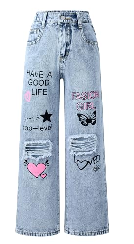 Happy Cherry Mädchen Zerrissen Jeanshosen Mittlere Taille Weiter Beinschnitt Jeans Casual Denim Hosen Kinder Baggy Hellblau Jeans Hose 150 von Happy Cherry