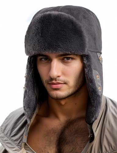 Happy Cherry Männer Frauen Plush Trappermützen mit Druckknopf Russische Hüte Weiche Haltbare Wärmende Hut Winddicht Leichtgewichtige Komfortable Trappermützen Grau von Happy Cherry