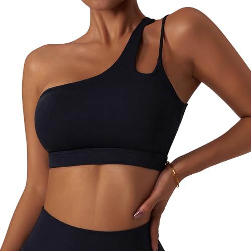 Nahtlose EIN Schulter Sport BH für Frauen Asymmetrische Abnehmbare Pads Tube Top Trainieren Yoga Crop Tank Tops Schwarz M von Happy Cherry