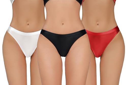 Nahtlose Glänzende Cheeky Tangas für Damen Weiche Seidige Elastische Höschen Niedrige Taille Leicht Dehnbare Basic Höschen Schwarz Weiß Rot S von Happy Cherry