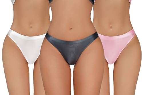 Happy Cherry Nahtlose Glänzende Cheeky Tangas für Damen Weiche Seidige Elastische Höschen Niedrige Taille Leicht Dehnbare Basic Höschen Weiß Rosa Grau S von Happy Cherry