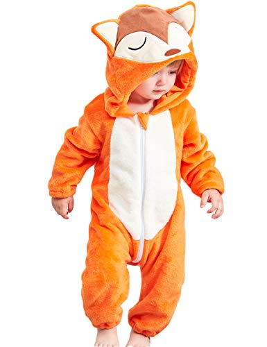 Happy Cherry – Overall Pyjama Baby Form Tier mit Kapuze Winter Warm Strampler Kostüm Baby Mädchen Jungen für Halloween Karneval 2 – 24 Monate Gr. 2-6 Monate, Fuchs von Happy Cherry