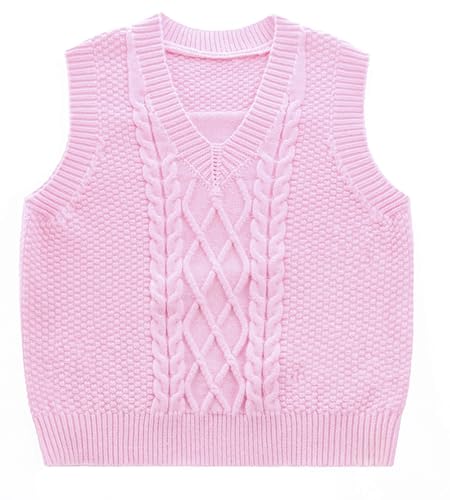 Happy Cherry Pullunder Kinder Mädchen Baumwolle Schulterweste Ärmellos Gestrickte Strickweste V-Ausschnitt Strickpullover DE-Größe 146-152/Hersteller 150 Rosa von Happy Cherry