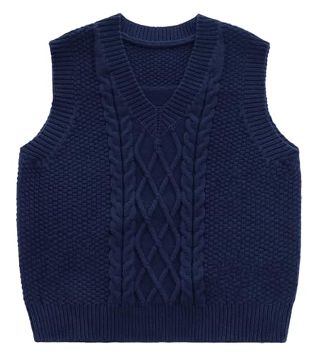 Happy Cherry Pullunder Kinder Mädchen Jungen Baumwolle Schulterweste Ärmellos Gestrickte Strickweste V-Ausschnitt Strickpullover DE-Größe 110-116/Hersteller 110 Marineblau von Happy Cherry