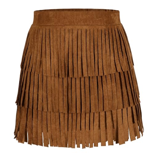 Happy Cherry Quaste Rock Wildlederoptik Mädchen Fransen Minirock Vintage Elegant High Waist Western Outfit Partyrock Braun S/5-6 Jahre von Happy Cherry