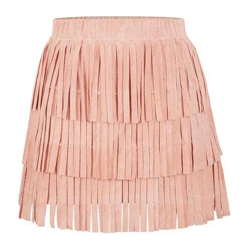 Happy Cherry Quaste Rock Wildlederoptik Mädchen Fransen Minirock Vintage Elegant High Waist Western Outfit Partyrock Rosa S/5-6 Jahre von Happy Cherry