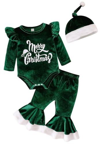 Happy Cherry Samt Babykleidung Set Neugeborene Mädchen 3 PCS Weihnachtskleidung Set Langarm Rüschen Strampler Body+Schlaghose+Hut Set Baby Niedlich Bekleidungsset von Happy Cherry